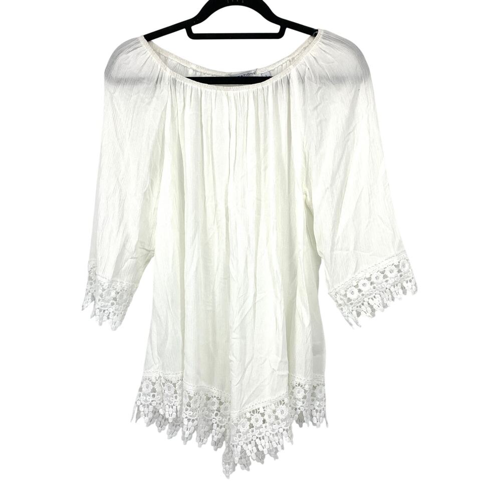 Notations 3/4 Sleeve Lace Trimmed Boho Blouse Womens Size Large White NEW